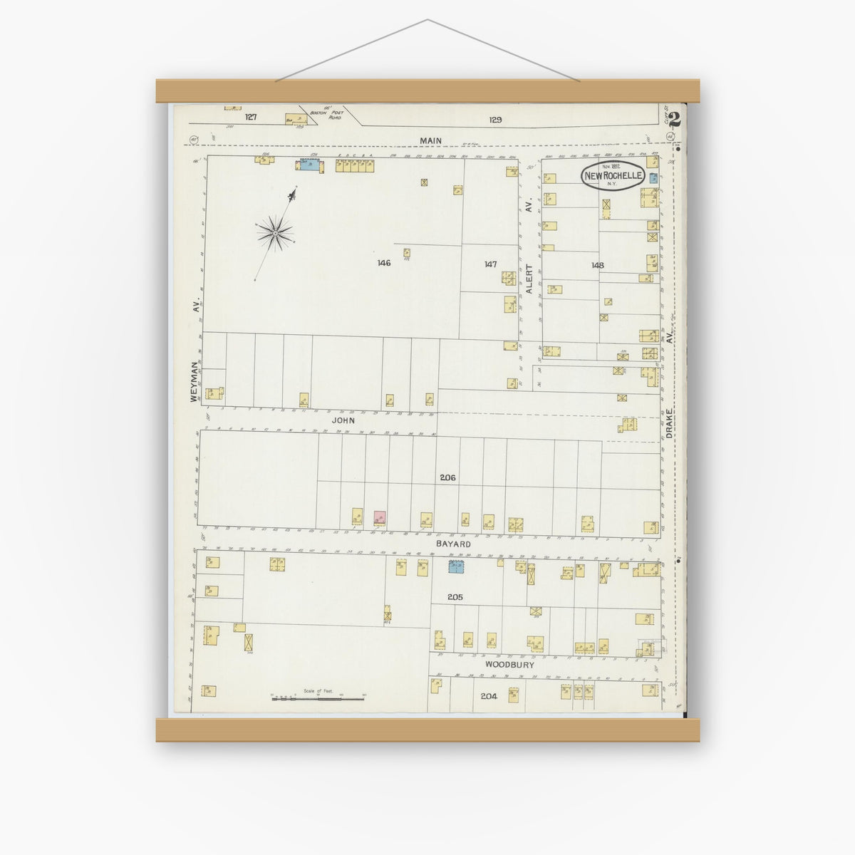Old map wall art mockup — magnetic wood frame on white wall — Sanborn Fire Insurance Map from New Rochelle, Westchester County, New York (1892), Sheet #0002