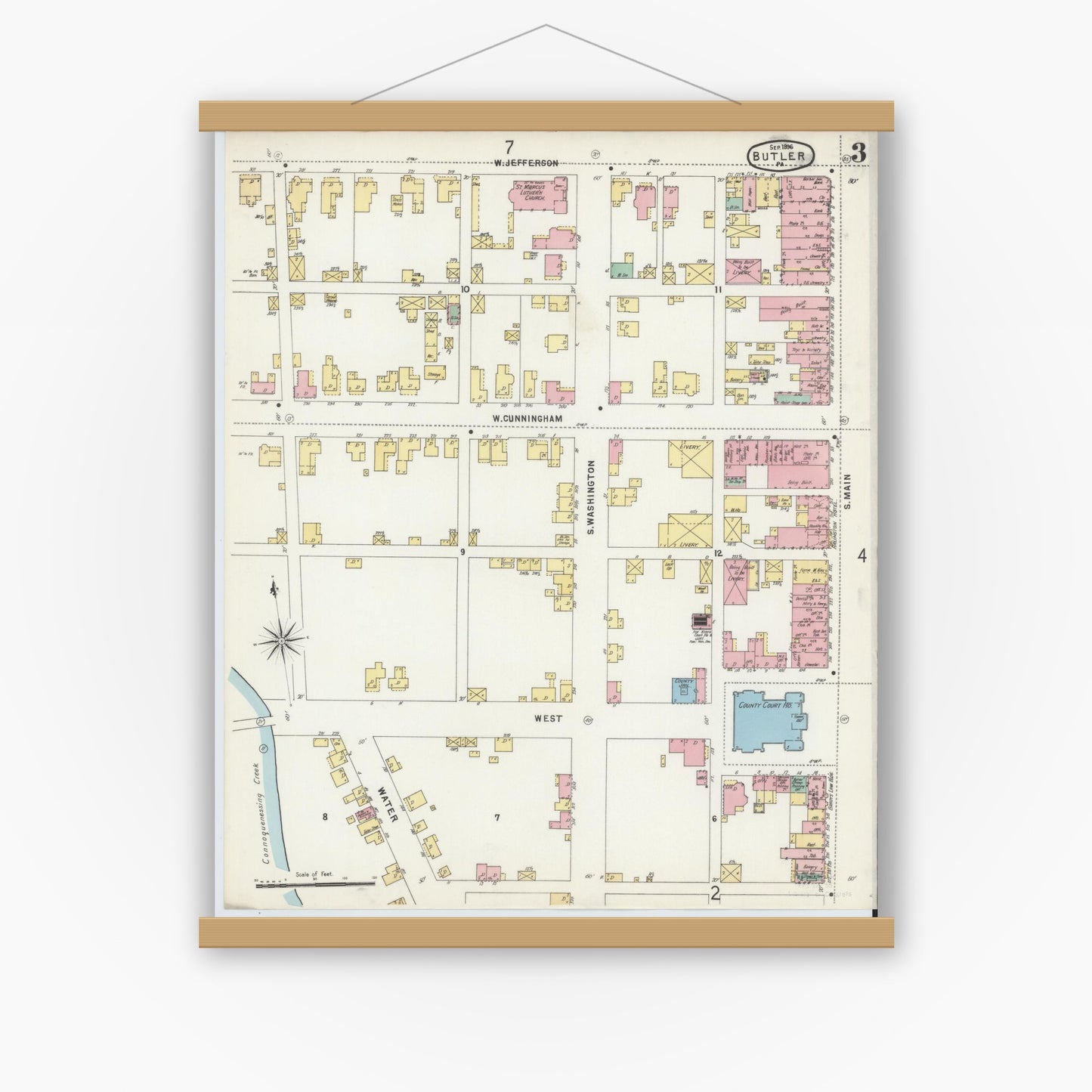 Old map wall art mockup — magnetic wood frame on white wall — Sanborn Fire Insurance Map from Butler, Butler County, Pennsylvania (1896), Sheet #0003