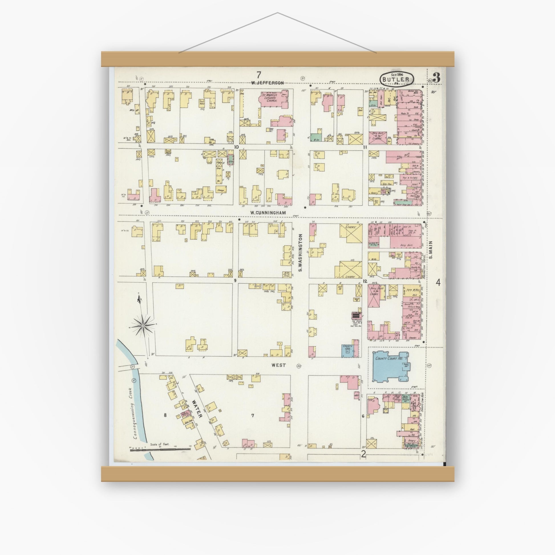 Old map wall art mockup — magnetic wood frame on white wall — Sanborn Fire Insurance Map from Butler, Butler County, Pennsylvania (1896), Sheet #0003