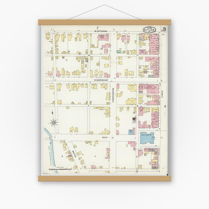 Old map wall art mockup — magnetic wood frame on white wall — Sanborn Fire Insurance Map from Butler, Butler County, Pennsylvania (1896), Sheet #0003
