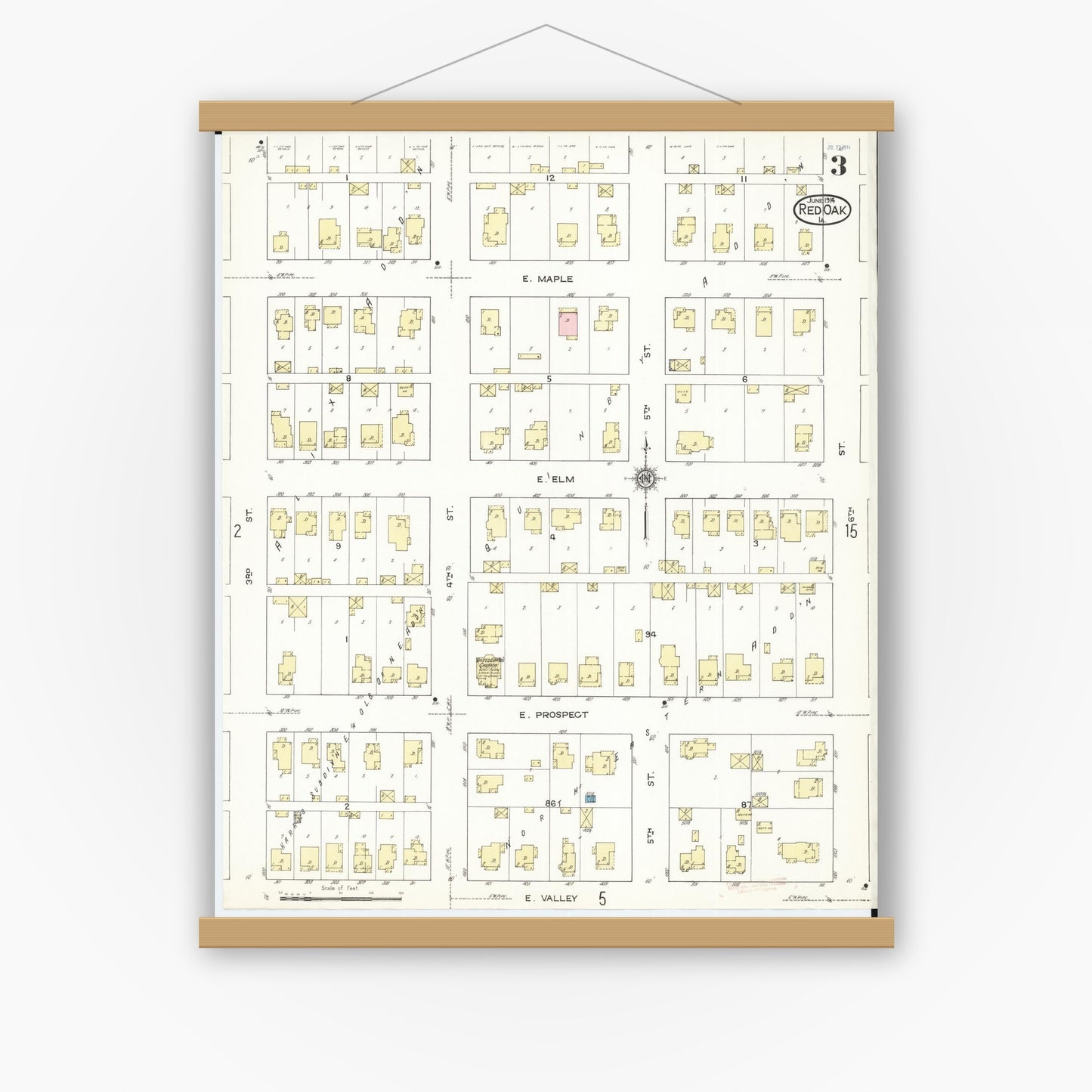 Old map wall art mockup — magnetic wood frame on white wall — Sanborn Fire Insurance Map from Red Oak, Montgomery County, Iowa (1914), Sheet #0003