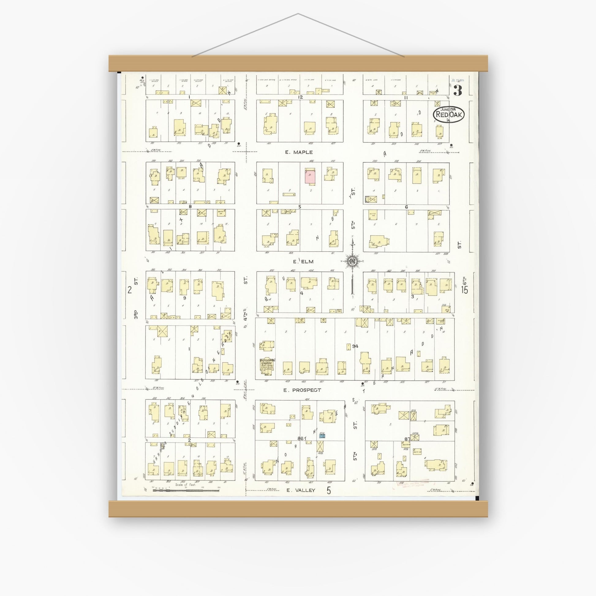 Old map wall art mockup — magnetic wood frame on white wall — Sanborn Fire Insurance Map from Red Oak, Montgomery County, Iowa (1914), Sheet #0003
