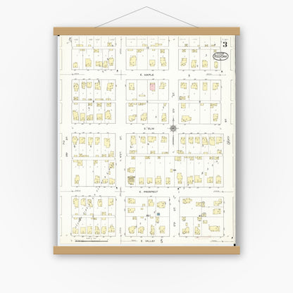 Old map wall art mockup — magnetic wood frame on white wall — Sanborn Fire Insurance Map from Red Oak, Montgomery County, Iowa (1914), Sheet #0003