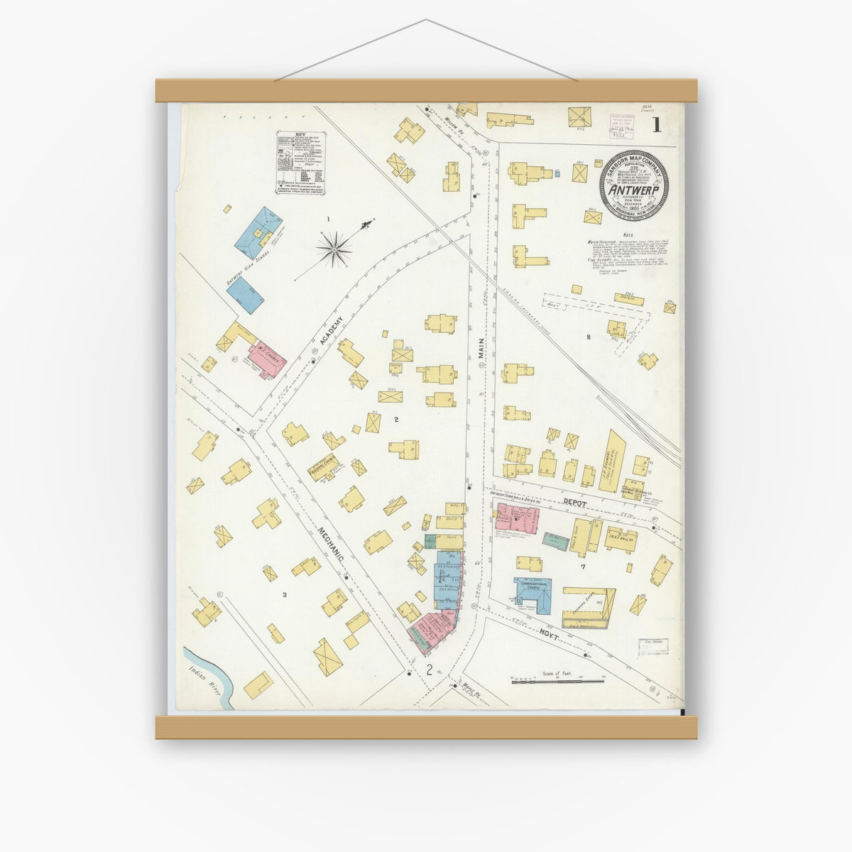 Old map wall art mockup — magnetic wood frame on white wall — Sanborn Fire Insurance Map from Antwerp, Jefferson County, New York (1905) - Complete Map Set