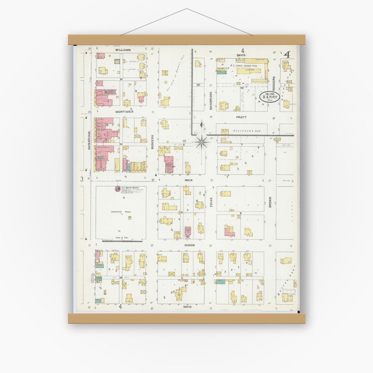 Old map wall art mockup — magnetic wood frame on white wall — Sanborn Fire Insurance Map from Barry, Pike County, Illinois (1905), Sheet #0004