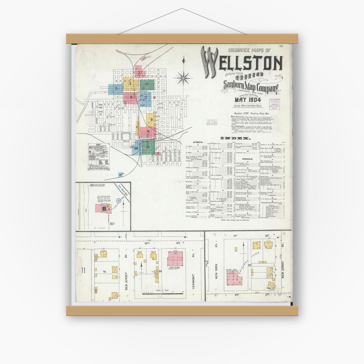 Old map wall art mockup — magnetic wood frame on white wall — Sanborn Fire Insurance Map from Wellston, Jackson County, Ohio (1904), Sheet #0001