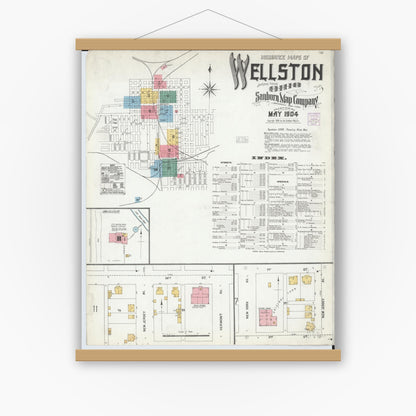 Old map wall art mockup — magnetic wood frame on white wall — Sanborn Fire Insurance Map from Wellston, Jackson County, Ohio (1904), Sheet #0001