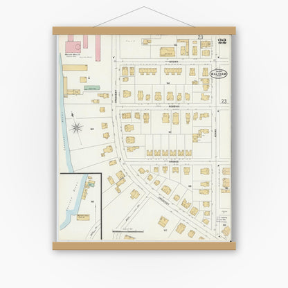Old map wall art mockup — magnetic wood frame on white wall — Sanborn Fire Insurance Map from Waltham, Middlesex County, Massachusetts (1897), Sheet #0022