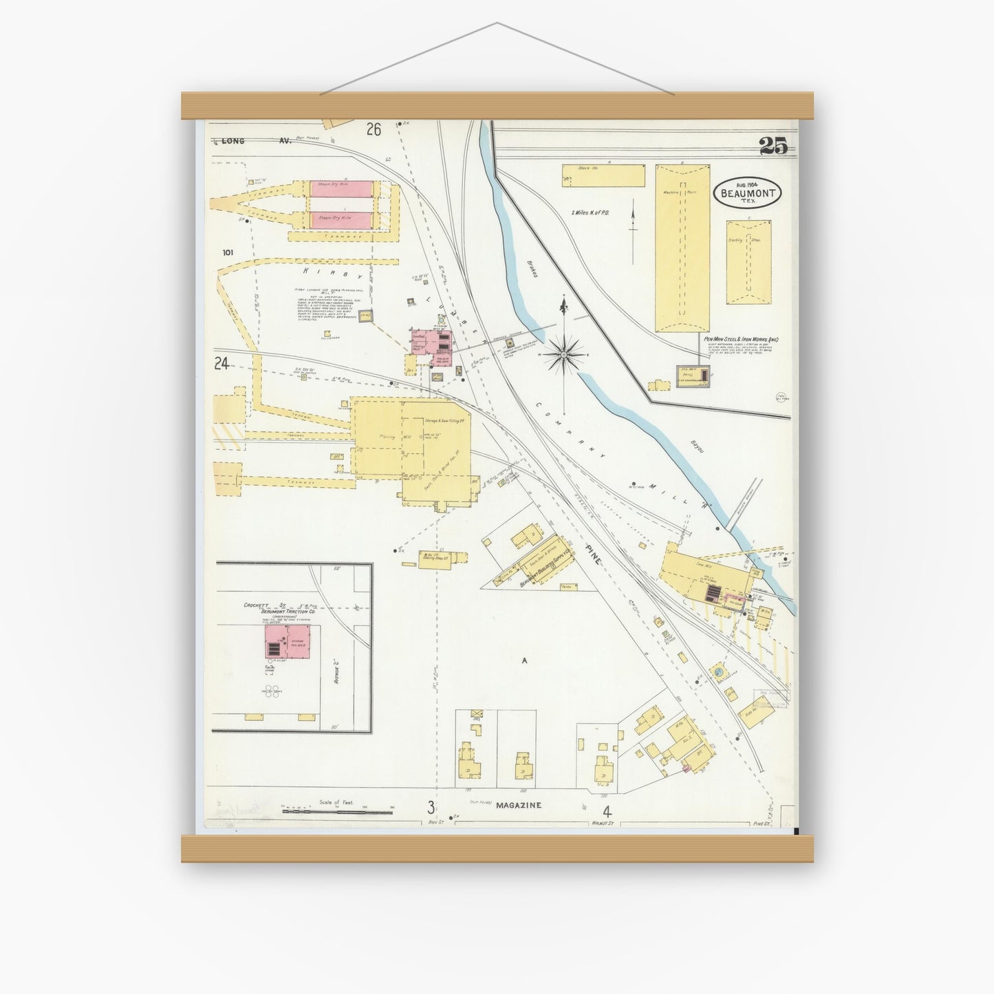 Old map wall art mockup — magnetic wood frame on white wall — Sanborn Fire Insurance Map from Beaumont, Jefferson County, Texas (1904), Sheet #0025