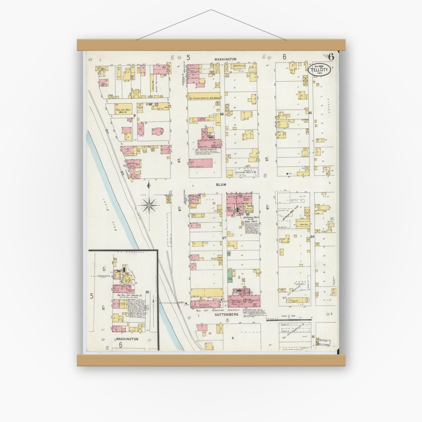 Old map wall art mockup — magnetic wood frame on white wall — Sanborn Fire Insurance Map from Tell City, Perry County, Indiana (1898), Sheet #0006