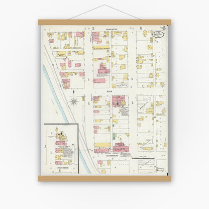 Old map wall art mockup — magnetic wood frame on white wall — Sanborn Fire Insurance Map from Tell City, Perry County, Indiana (1898), Sheet #0006
