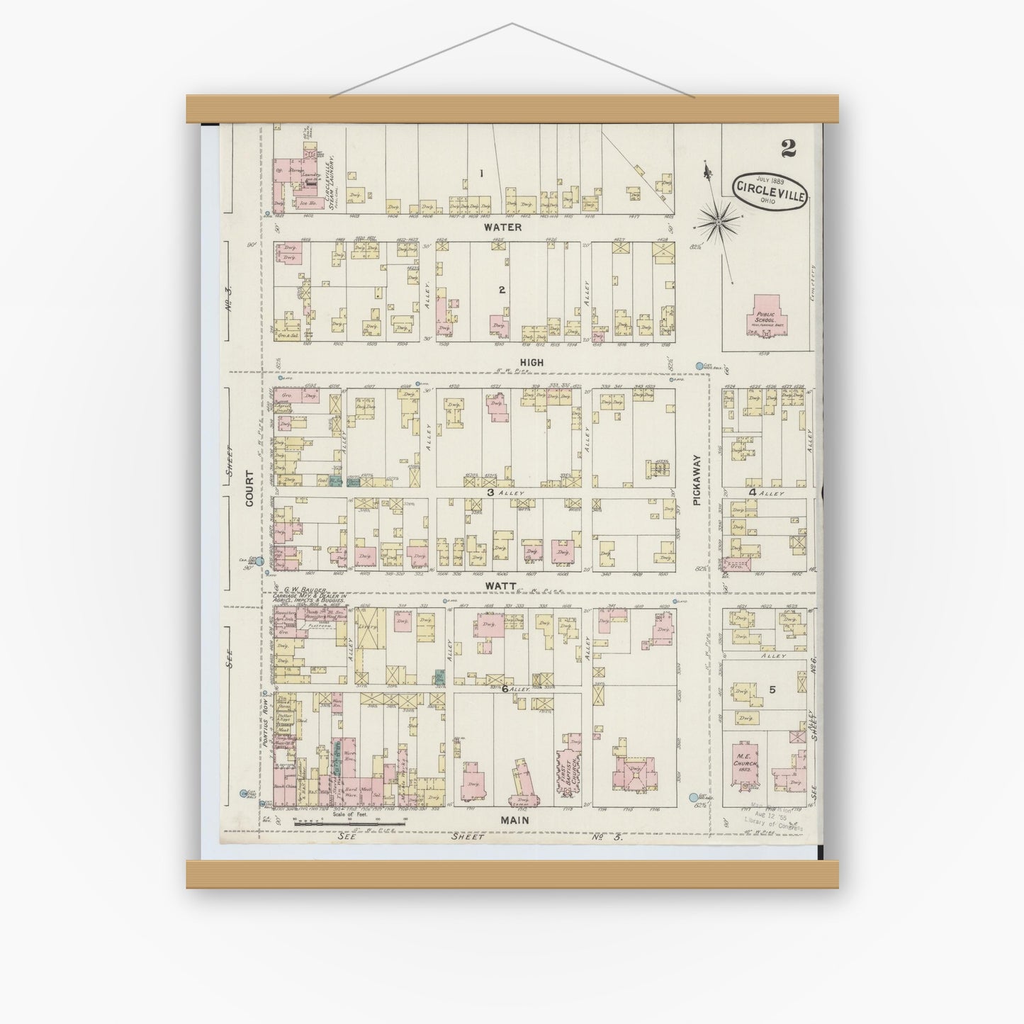 Old map wall art mockup — magnetic wood frame on white wall — Sanborn Fire Insurance Map from Circleville, Pickaway County, Ohio (1889), Sheet #0002