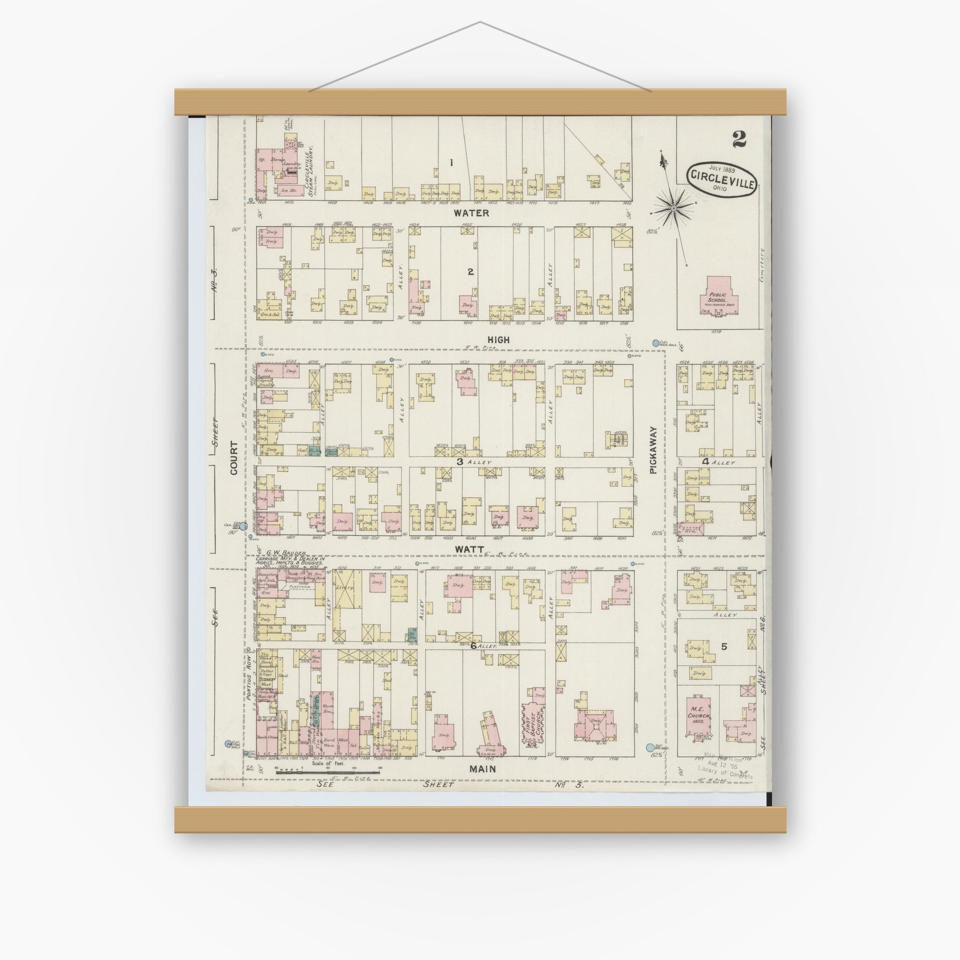 Old map wall art mockup — magnetic wood frame on white wall — Sanborn Fire Insurance Map from Circleville, Pickaway County, Ohio (1889), Sheet #0002