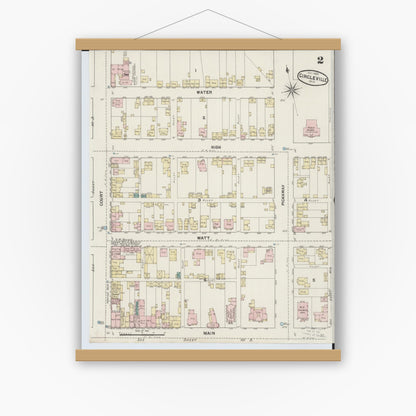Old map wall art mockup — magnetic wood frame on white wall — Sanborn Fire Insurance Map from Circleville, Pickaway County, Ohio (1889), Sheet #0002