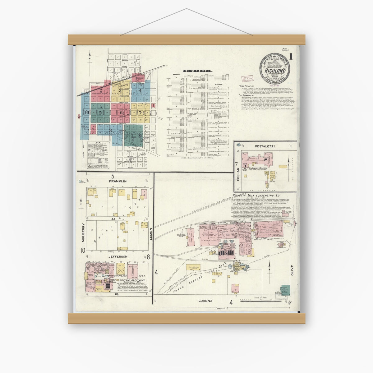 Old map wall art mockup — magnetic wood frame on white wall — Sanborn Fire Insurance Map from Highland, Madison County, Illinois (1908), Sheet #0001