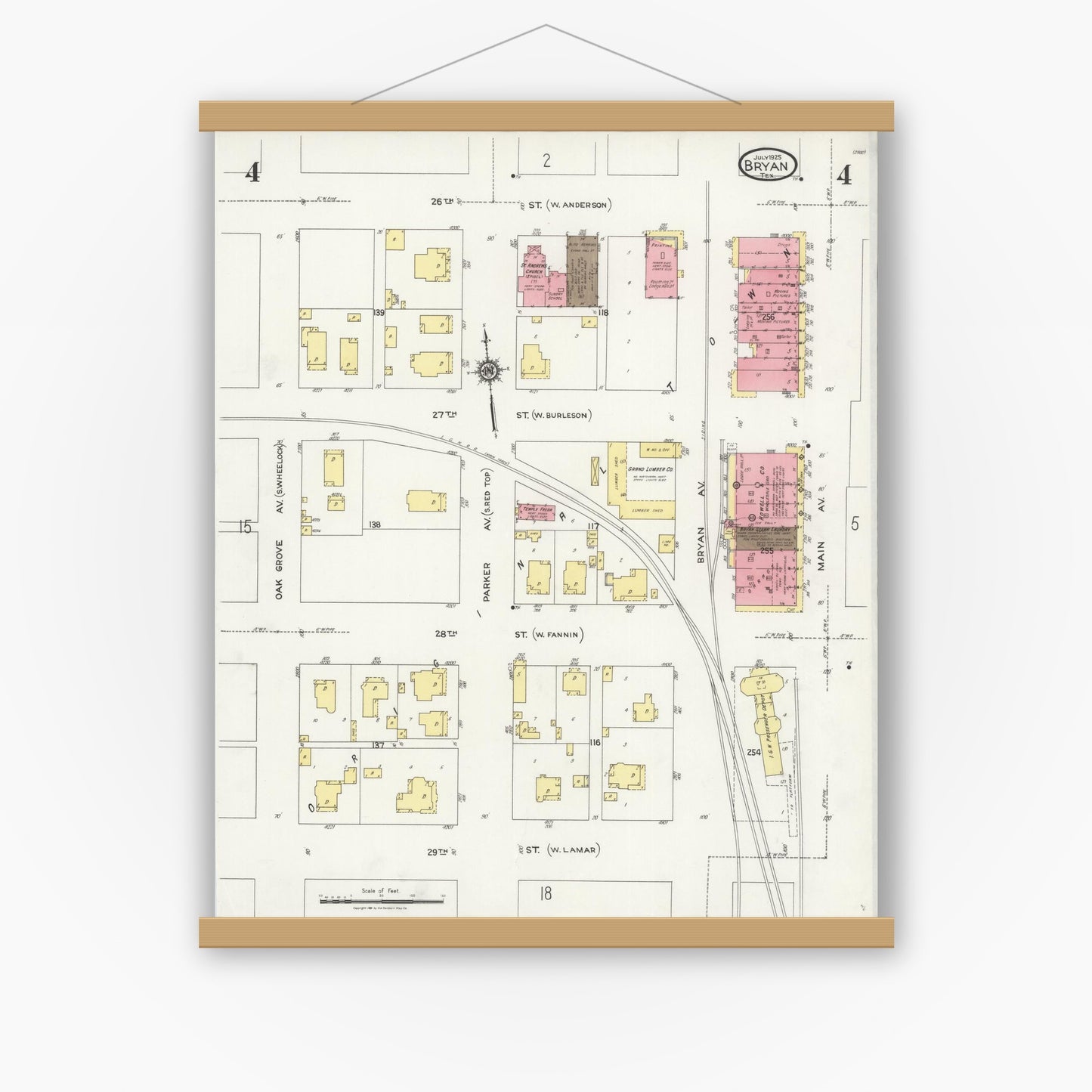 Old map wall art mockup — magnetic wood frame on white wall — Sanborn Fire Insurance Map from Bryan, Brazos County, Texas (1925), Sheet #0004