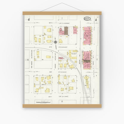 Old map wall art mockup — magnetic wood frame on white wall — Sanborn Fire Insurance Map from Bryan, Brazos County, Texas (1925), Sheet #0004