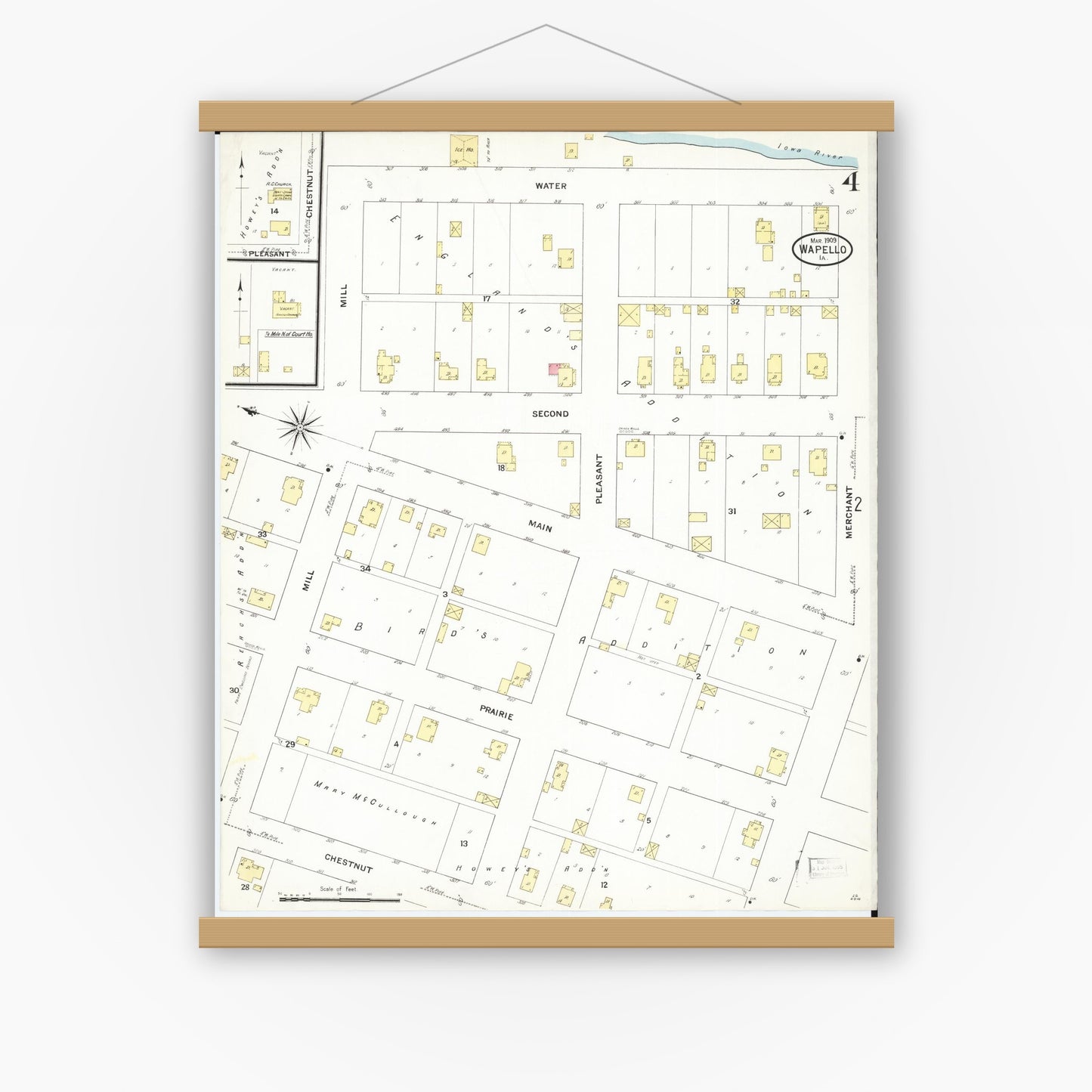 Old map wall art mockup — magnetic wood frame on white wall — Sanborn Fire Insurance Map from Wapello, Louisa County, Iowa (1909), Sheet #0004