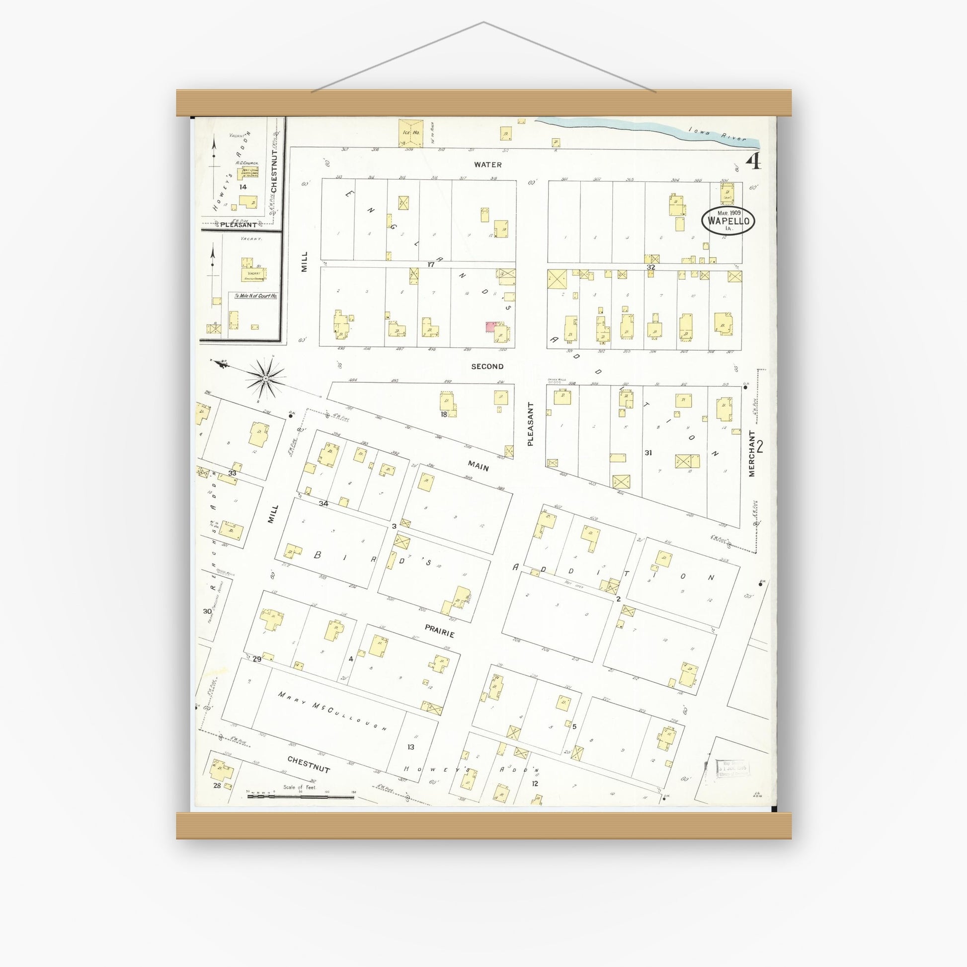 Old map wall art mockup — magnetic wood frame on white wall — Sanborn Fire Insurance Map from Wapello, Louisa County, Iowa (1909), Sheet #0004