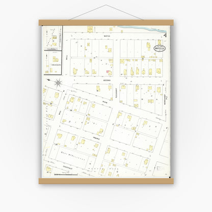 Old map wall art mockup — magnetic wood frame on white wall — Sanborn Fire Insurance Map from Wapello, Louisa County, Iowa (1909), Sheet #0004