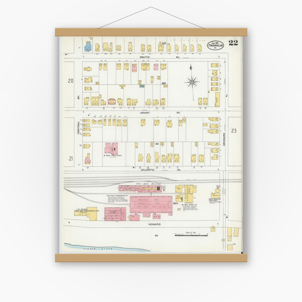 Old map wall art mockup — magnetic wood frame on white wall — Sanborn Fire Insurance Map from Franklin, Venango County, Pennsylvania (1906), Sheet #0022