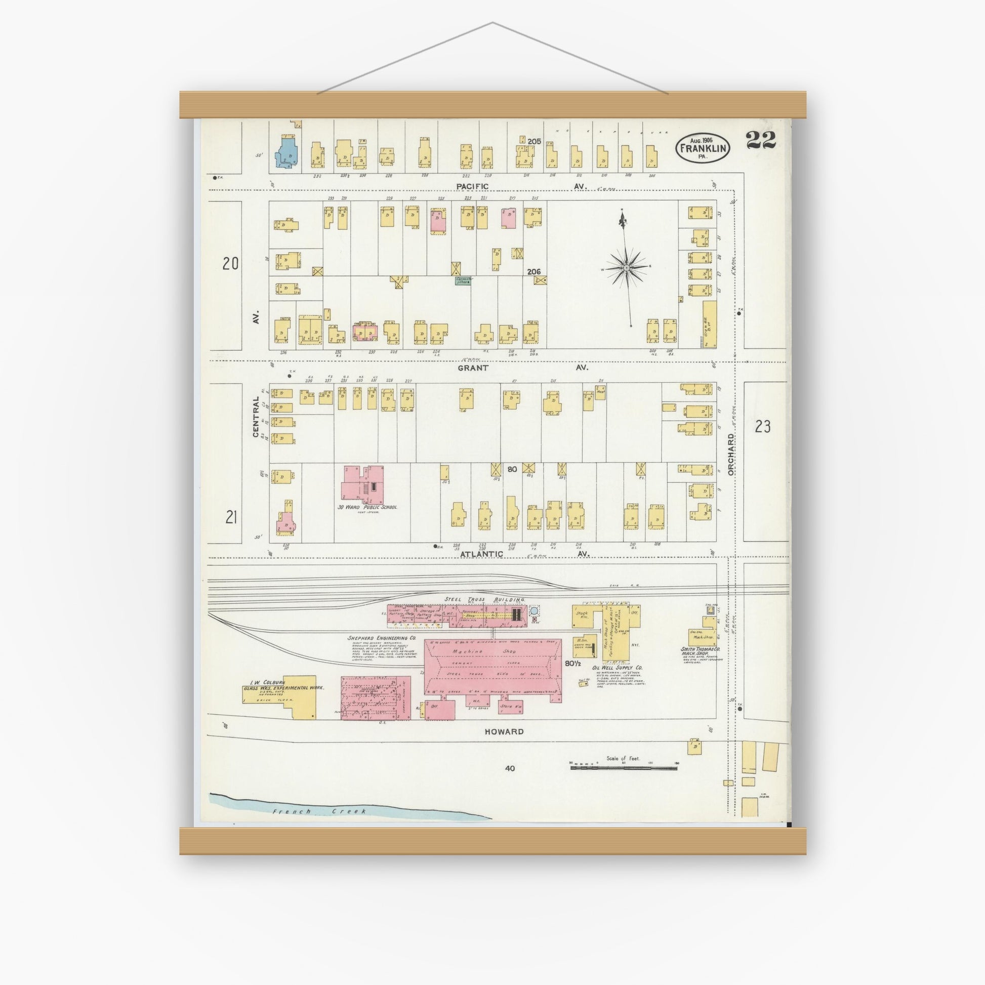 Old map wall art mockup — magnetic wood frame on white wall — Sanborn Fire Insurance Map from Franklin, Venango County, Pennsylvania (1906), Sheet #0022