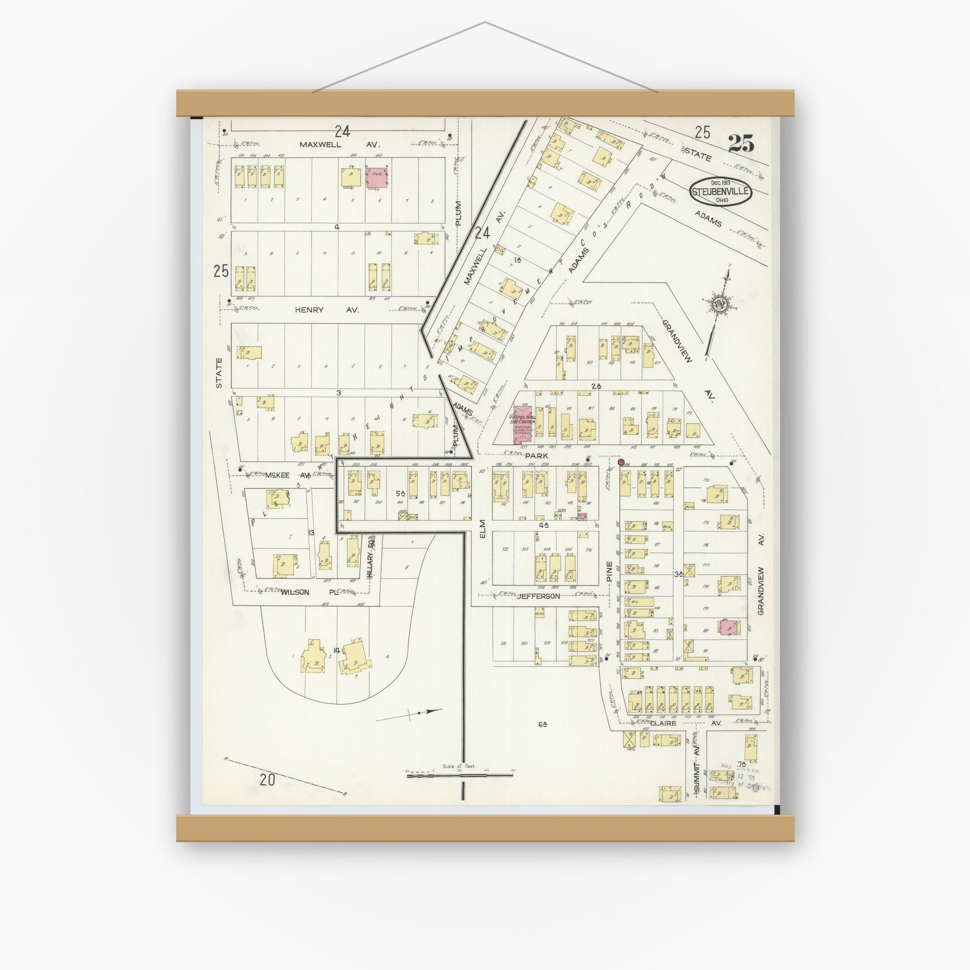 Old map wall art mockup — magnetic wood frame on white wall — Sanborn Fire Insurance Map from Steubenville, Jefferson County, Ohio (1913), Sheet #0025