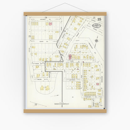Old map wall art mockup — magnetic wood frame on white wall — Sanborn Fire Insurance Map from Steubenville, Jefferson County, Ohio (1913), Sheet #0025