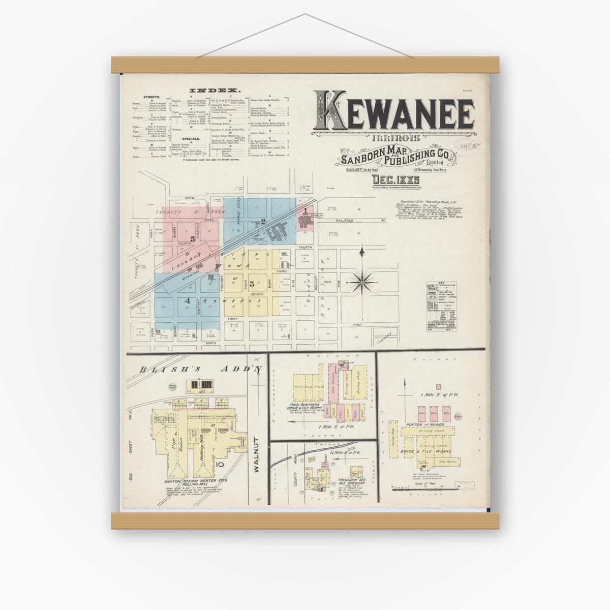 Old map wall art mockup — magnetic wood frame on white wall — Sanborn Fire Insurance Map from Kewanee, Henry County, Illinois (1885) - Complete Map Set