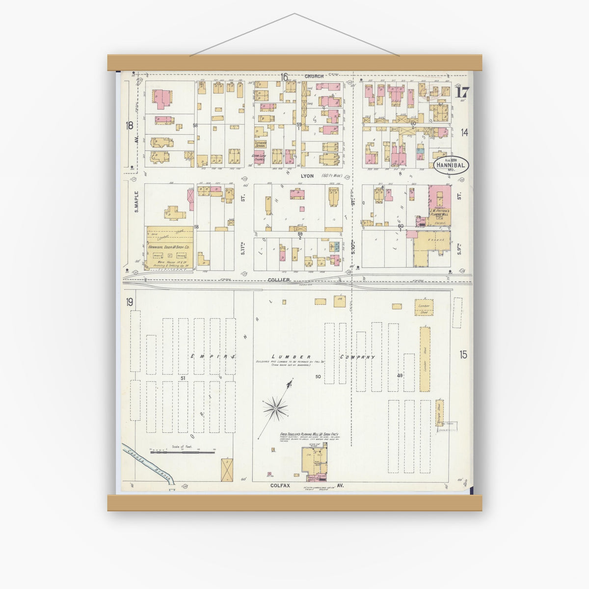 Old map wall art mockup — magnetic wood frame on white wall — Sanborn Fire Insurance Map from Hannibal, Marion County, Missouri (1899), Sheet #0017