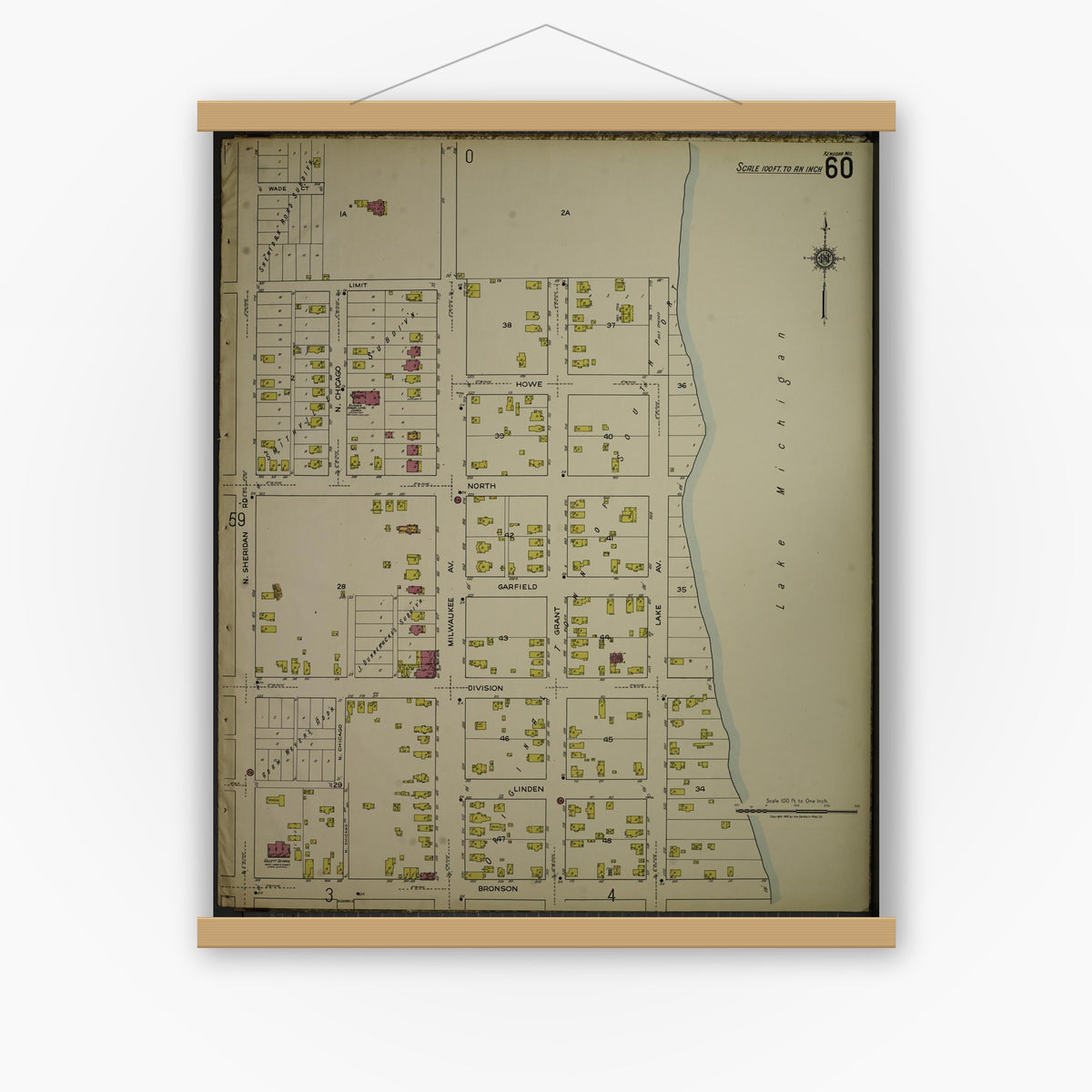 Old map wall art mockup — magnetic wood frame on white wall — Sanborn Fire Insurance Map from Kenosha, Kenosha County, Wisconsin. (1918), Sheet 64