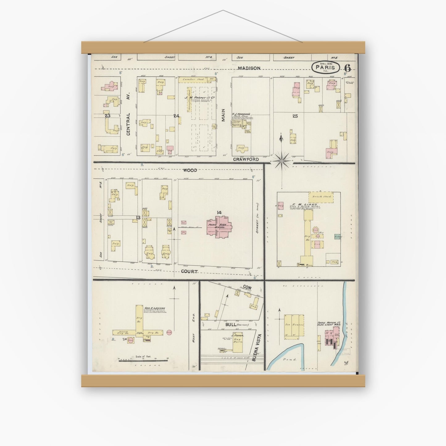 Old map wall art mockup — magnetic wood frame on white wall — Sanborn Fire Insurance Map from Paris, Edgar County, Illinois (1890), Sheet #0006