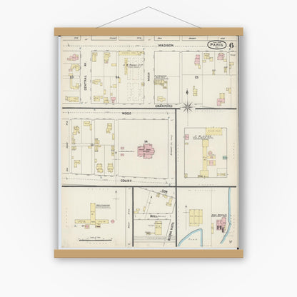 Old map wall art mockup — magnetic wood frame on white wall — Sanborn Fire Insurance Map from Paris, Edgar County, Illinois (1890), Sheet #0006
