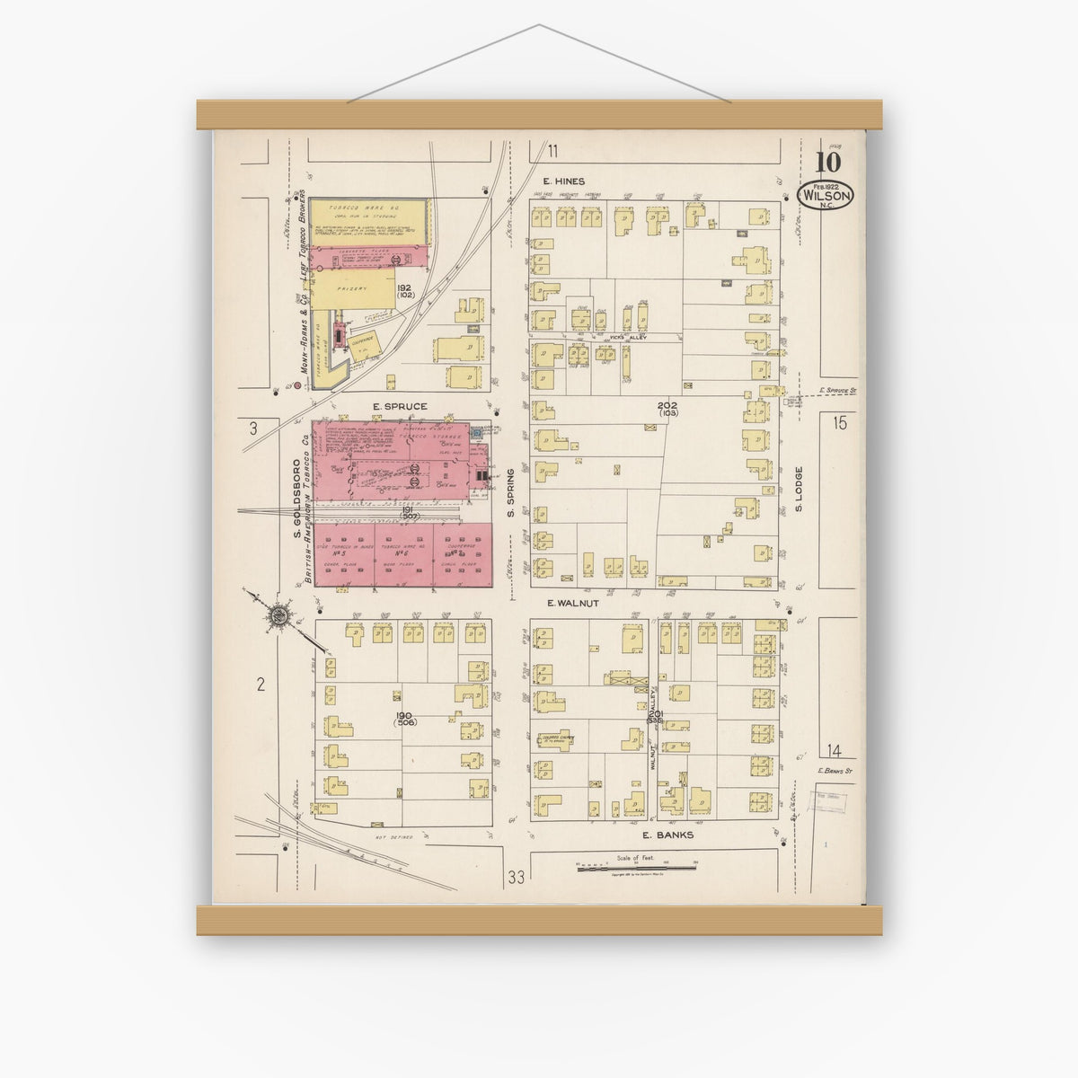 Old map wall art mockup — magnetic wood frame on white wall — Sanborn Fire Insurance Map from Wilson, Wilson County, North Carolina (1922), Sheet #0010