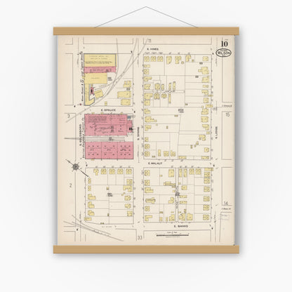 Old map wall art mockup — magnetic wood frame on white wall — Sanborn Fire Insurance Map from Wilson, Wilson County, North Carolina (1922), Sheet #0010
