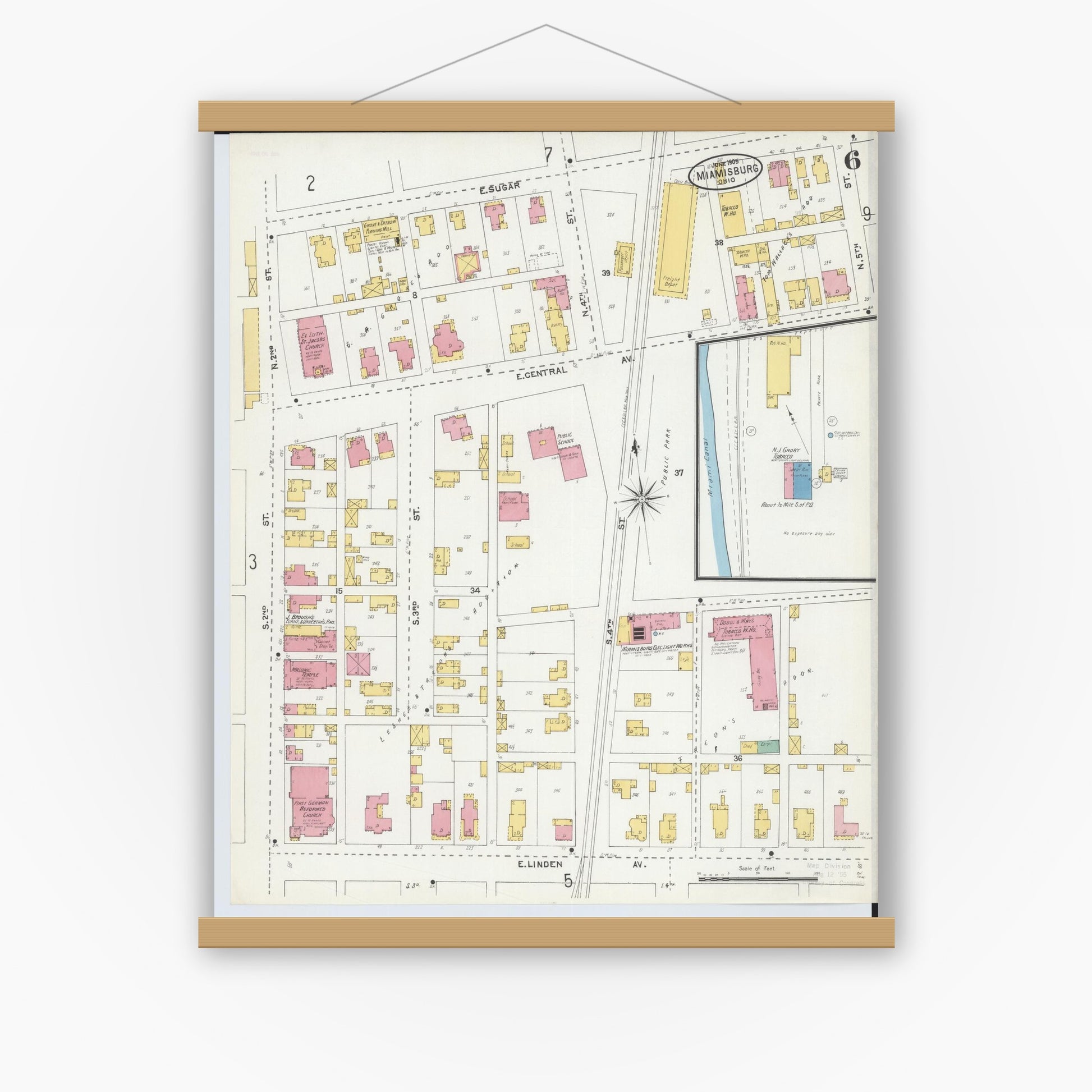 Old map wall art mockup — magnetic wood frame on white wall — Sanborn Fire Insurance Map from Miamisburg, Montgomery County, Ohio (1905), Sheet #0006