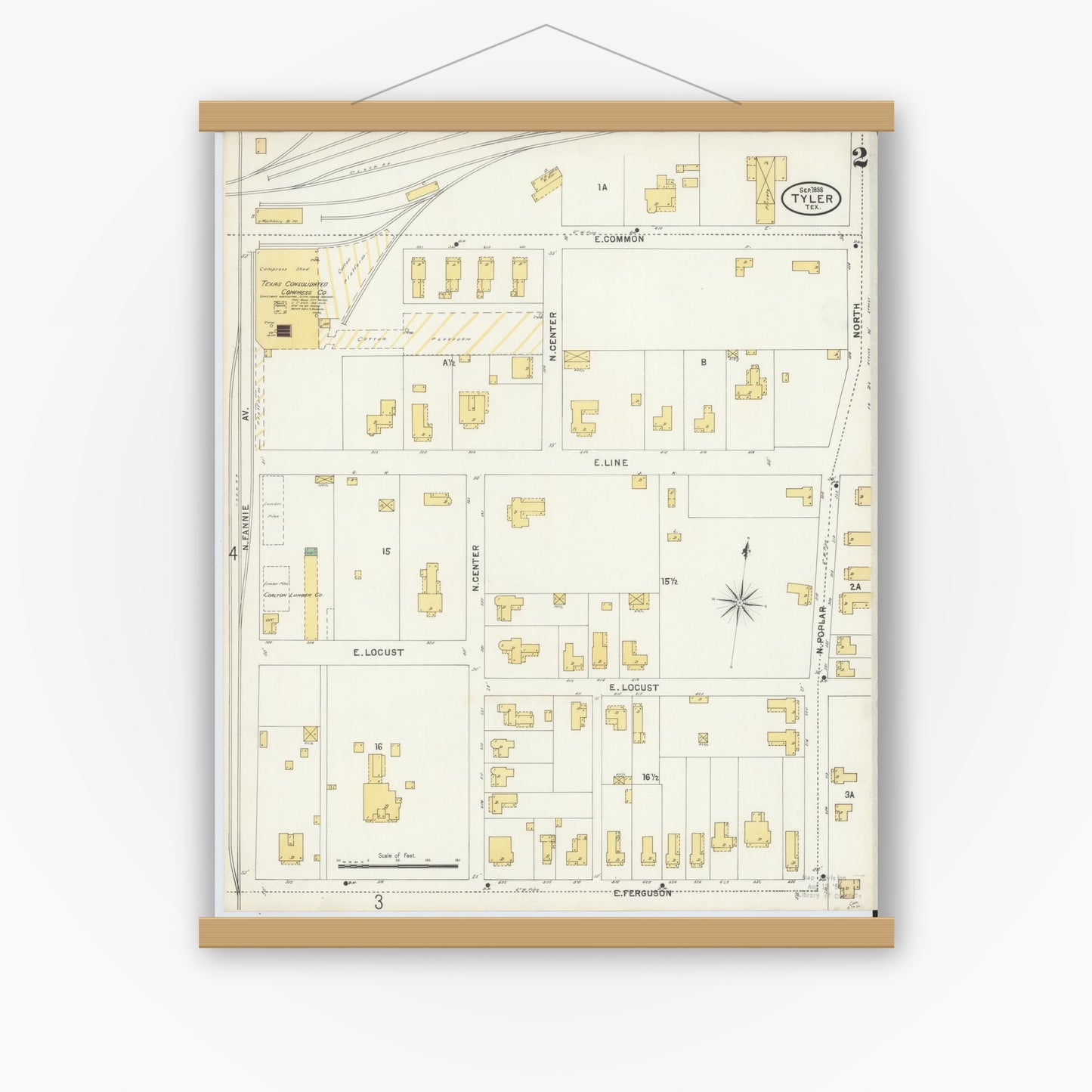 Old map wall art mockup — magnetic wood frame on white wall — Sanborn Fire Insurance Map from Tyler, Smith County, Texas (1898), Sheet #0002