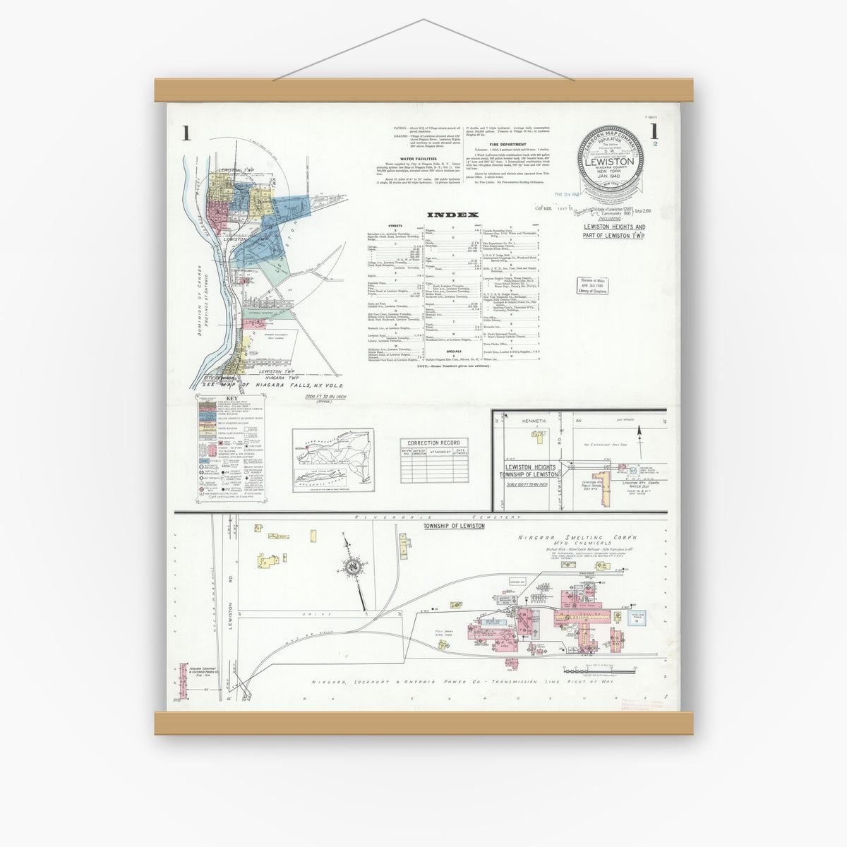 Old map wall art mockup — magnetic wood frame on white wall — Sanborn Fire Insurance Map from Lewiston, Niagara County, New York (1940) - Complete Map Set