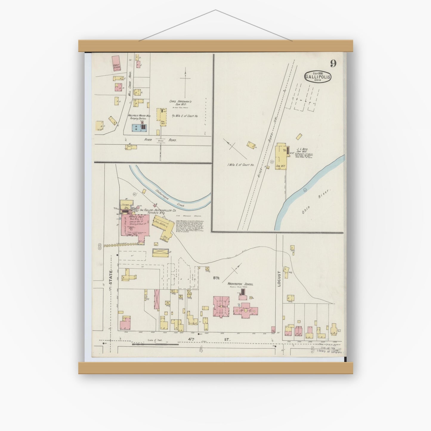 Old map wall art mockup — magnetic wood frame on white wall — Sanborn Fire Insurance Map from Gallipolis, Gallia County, Ohio (1895), Sheet #0009