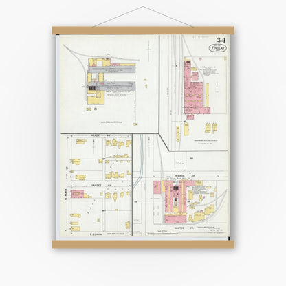 Old map wall art mockup — magnetic wood frame on white wall — Sanborn Fire Insurance Map from Findlay, Hancock County, Ohio (1901), Sheet #0034