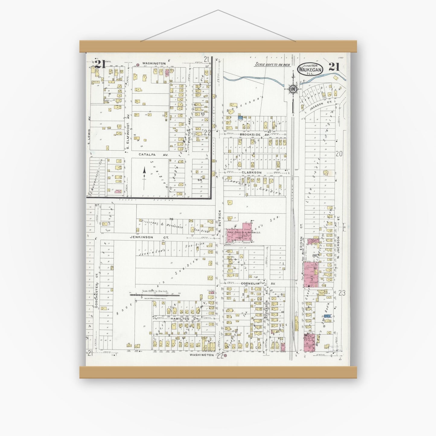 Old map wall art mockup — magnetic wood frame on white wall — Sanborn Fire Insurance Map from Waukegan, Lake County, Illinois (1924), Sheet #0021
