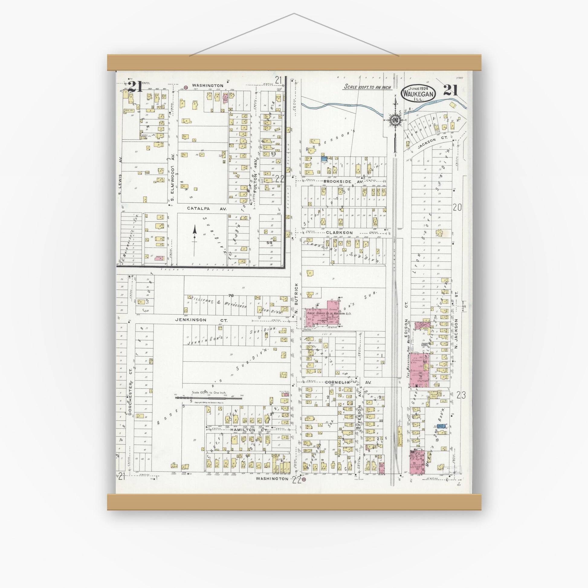 Old map wall art mockup — magnetic wood frame on white wall — Sanborn Fire Insurance Map from Waukegan, Lake County, Illinois (1924), Sheet #0021