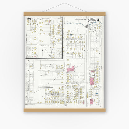 Old map wall art mockup — magnetic wood frame on white wall — Sanborn Fire Insurance Map from Waukegan, Lake County, Illinois (1924), Sheet #0021
