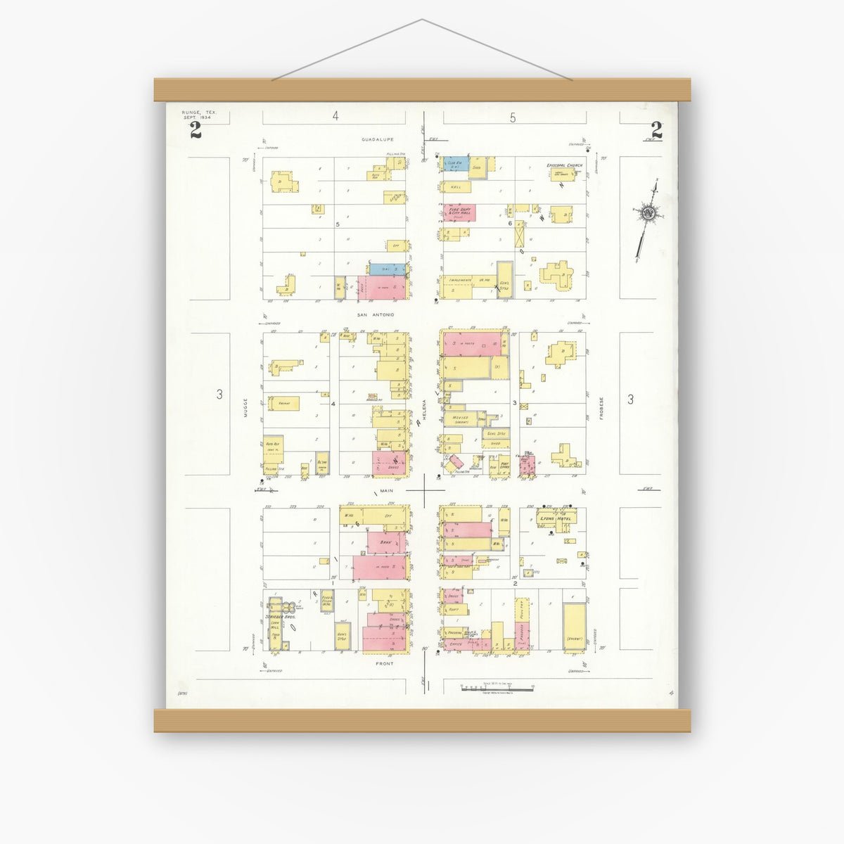 Old map wall art mockup — magnetic wood frame on white wall — Sanborn Fire Insurance Map from Runge, Karnes County, Texas (1934), Sheet #0002