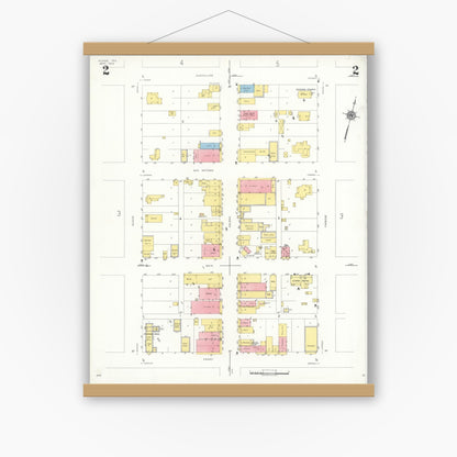 Old map wall art mockup — magnetic wood frame on white wall — Sanborn Fire Insurance Map from Runge, Karnes County, Texas (1934), Sheet #0002