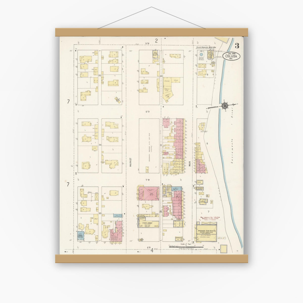 Old map wall art mockup — magnetic wood frame on white wall — Sanborn Fire Insurance Map from Colusa, Colusa County, California (1918), Sheet #0003