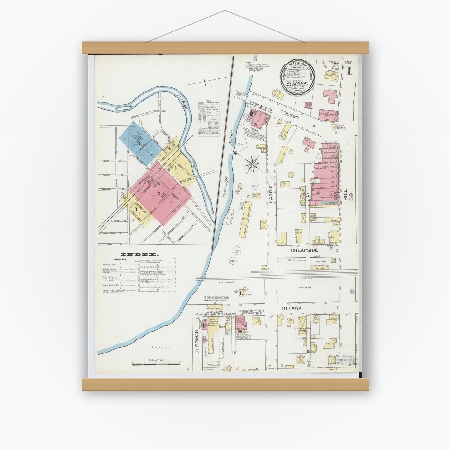 Old map wall art mockup — magnetic wood frame on white wall — Sanborn Fire Insurance Map from Elmore, Ottawa County, Ohio (1893), Sheet #0001