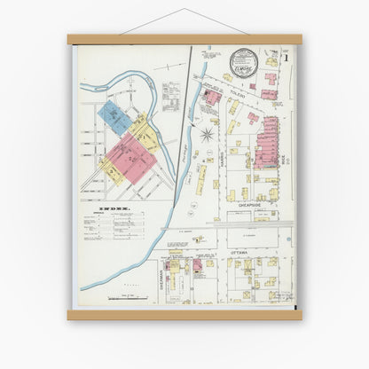 Old map wall art mockup — magnetic wood frame on white wall — Sanborn Fire Insurance Map from Elmore, Ottawa County, Ohio (1893), Sheet #0001