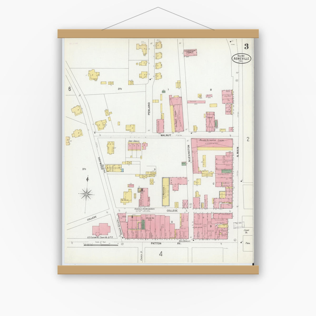 Old map wall art mockup — magnetic wood frame on white wall — Sanborn Fire Insurance Map from Asheville, Buncombe County, North Carolina (1901), Sheet #0003