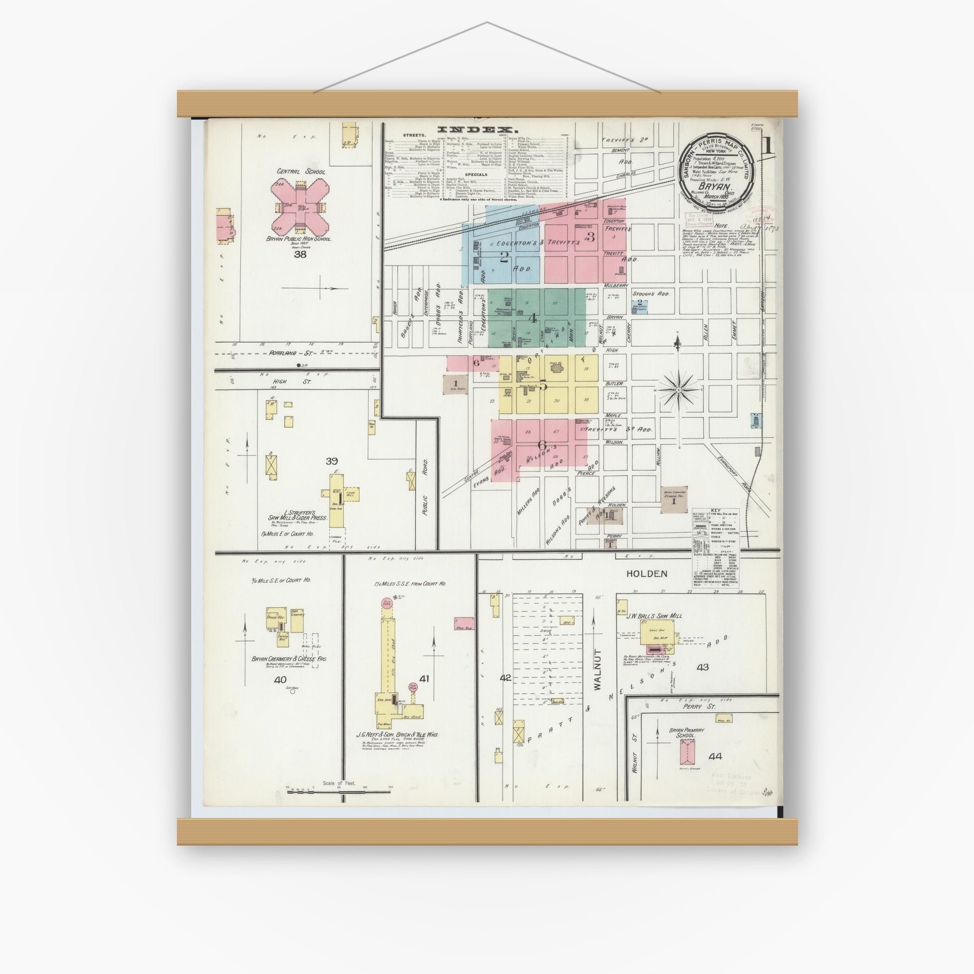 Old map wall art mockup — magnetic wood frame on white wall — Sanborn Fire Insurance Map from Bryan, Williams County, Ohio (1893) - Complete Map Set